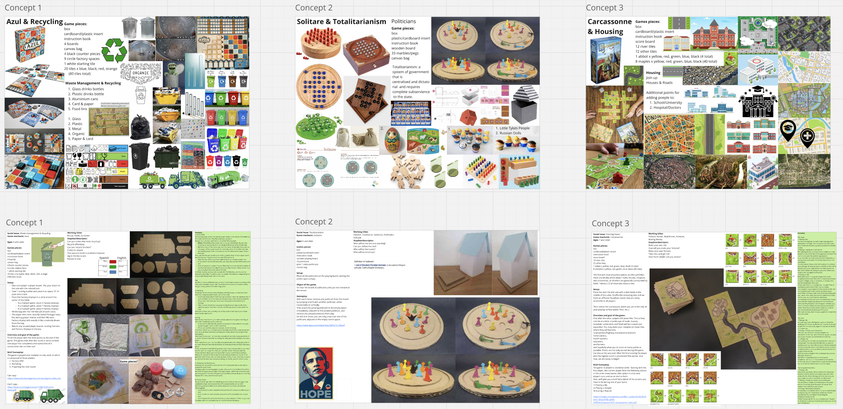 miro boards showing my three boardgame concepts