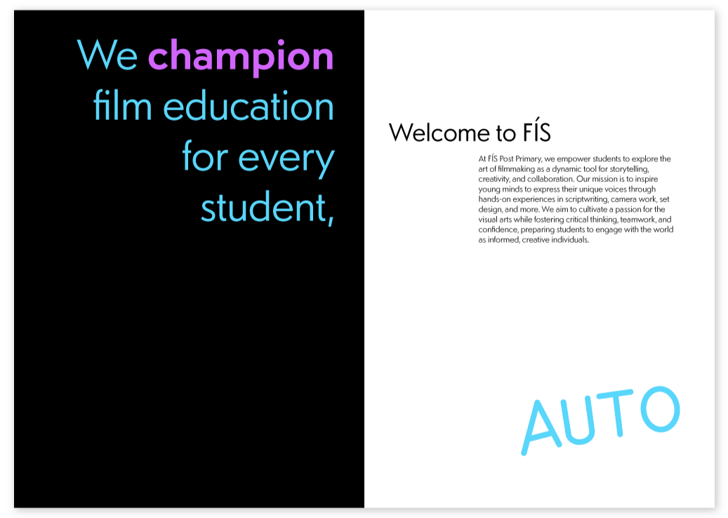 brochure page 1 & 2. Page 1 has black background with the words 'we champion film education for every student'. Page 2 has a paragraph about FÍS