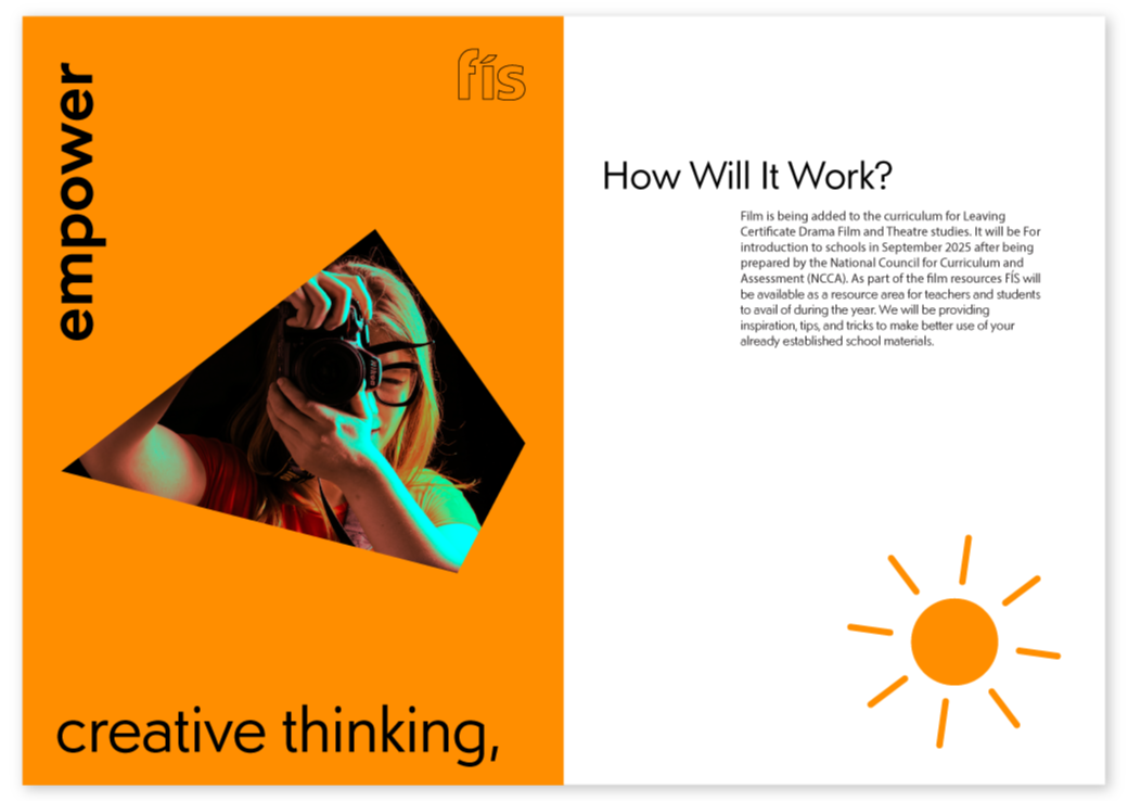 brochure page 3 & 4. Page 3 has orange background with the words 'empower creative thinking'. Page 4 has a paragraph about how it works