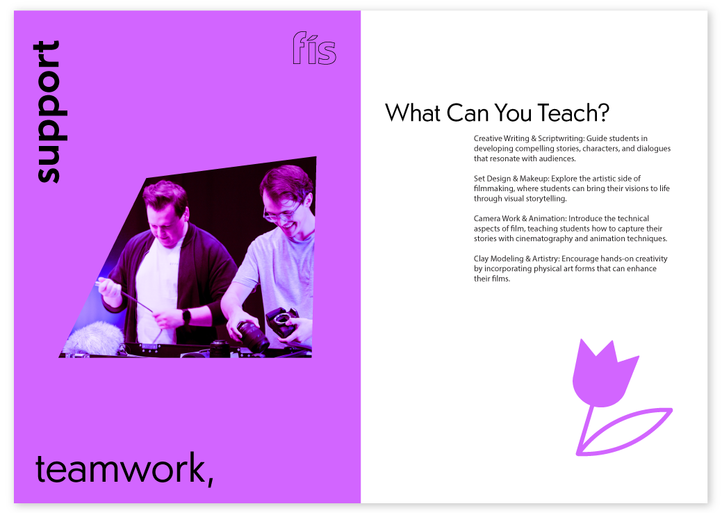 brochure page 7 & 8. Page 7 has purple background with the words 'support teamwork'. Page 8 has a paragraph about what you can teach