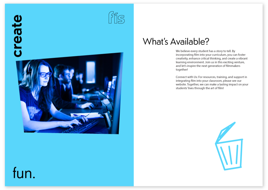 brochure page 9 & 10. Page 9 has blue background with the words 'create fun'. Page 10 has a paragraph about what is available
