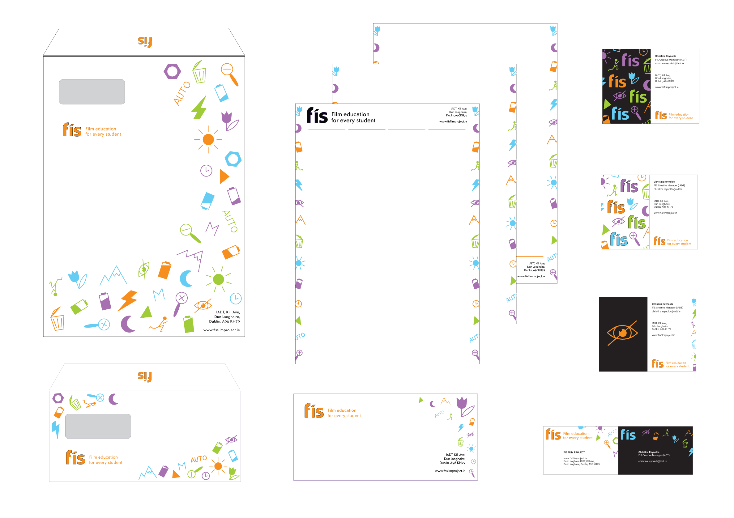 Simplified orange fís logo with a random assortment of the digital camera icons in the brand colours