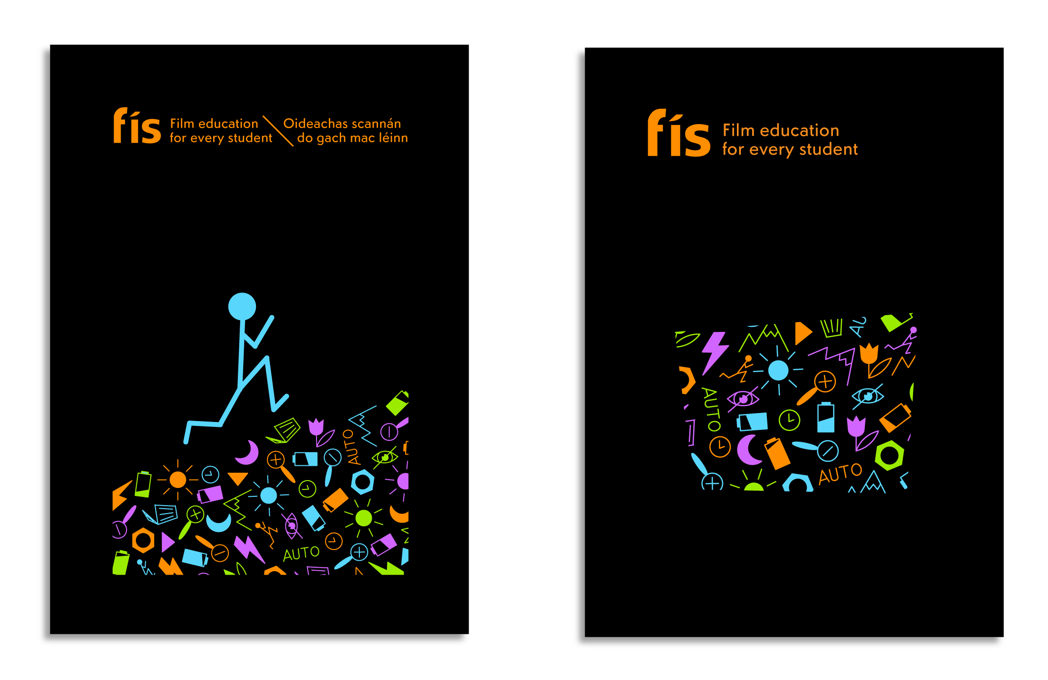 Two black background portrait rectangles. Both have the orange fís logo and tagline at the top centre. One has the digital camera icons in a random mix of the brand colours positioned in an incline to the right with an enlarged blue, stick figure person running up the hill. The other has the digital camera icons in a random mix of the brand colours cropped out by an irregular rectangular shape.