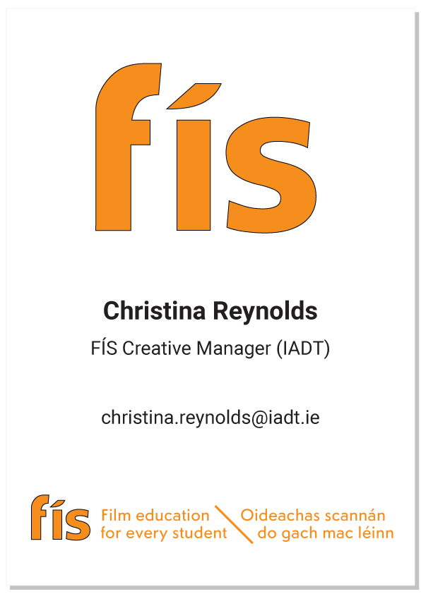 Simplified, large orange fís logo at the top, centre. Underneath is the name of the office peron, their title, email and at the bottom is the full orange fís logo with the tagline in English \ Irish.