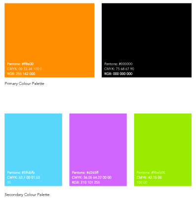 a separate rectangle of the following colours: orange, black, blue, green and purple with their unique Pantone, CMYK and RGB identity numbers
