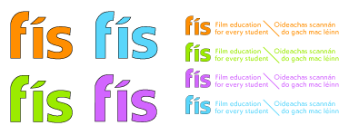 four lowercase fís in bold, sans-serif type each coloured: bright orange, green, blue, or purple. Also a smaller version with the tagline to the right 'film education for every student' in English and Irish.