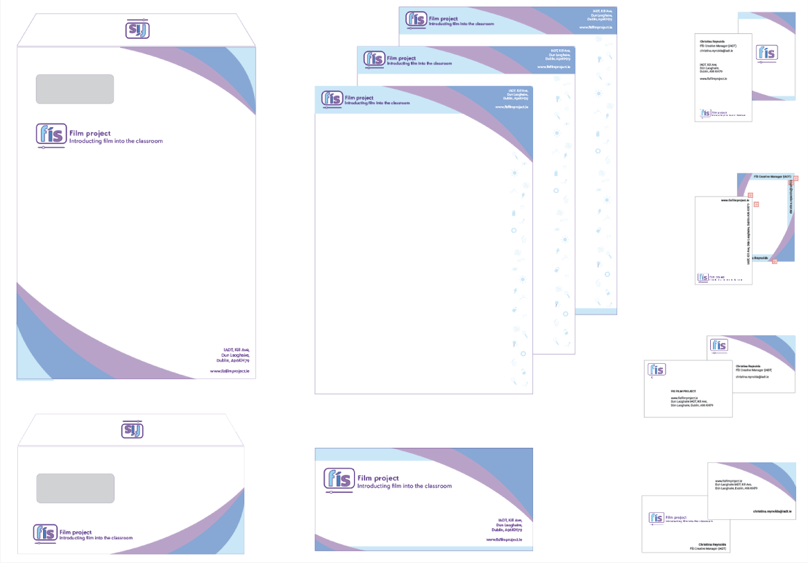the stationary all have the logo one (lowercase fís with online video watching graphic reference) the letters are bold and coloured; f is light blue,í is dark blue, and s is dark purple. The logo appears in the top left corner and there is a curved line of each colour in the top right corner and smaller in the bottom left corner