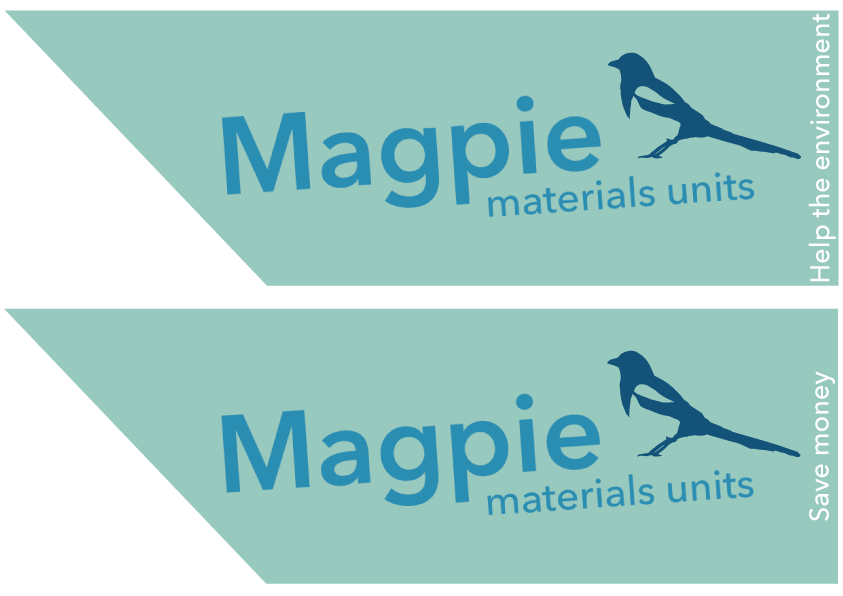 Two of my sign designs; green/teal background, blue logo reading 'Magpie Materials Units' with the navy magpie icon on the top, right pointing in the left direction.
