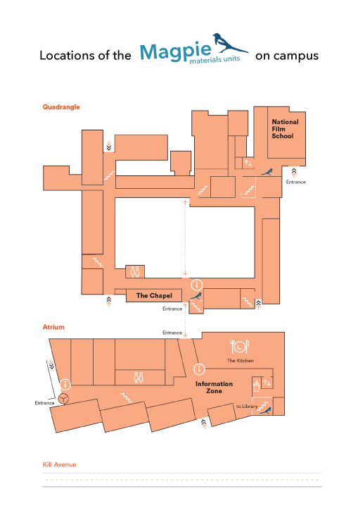 the magpie icon placed at three locations on a college map