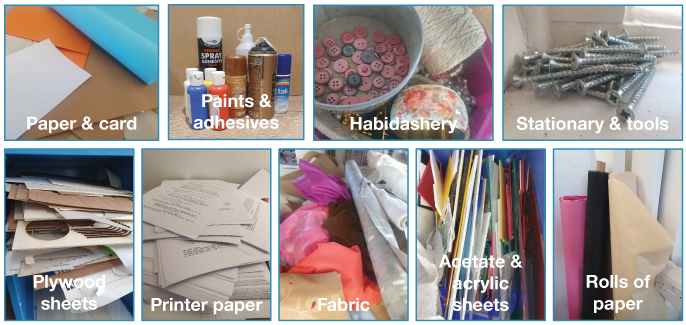 photos of the types of materials i found around the college, including: paper & card, paint & adhesives, habidashery, stationary & tools, plywood sheets, printer paper, fabric, acetate & acrylic sheets, and large rolls of paper 