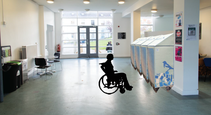 photo of the front entrance foyer with three units photoshopped into the photo and a person in a wheelchair to the left