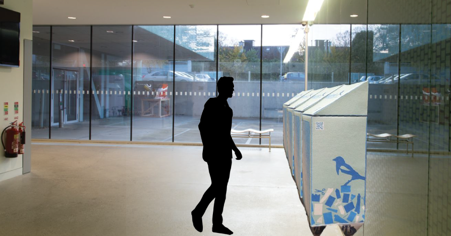 photo of the back entrance foyer with three units photoshopped into the photo and a person standing to the left