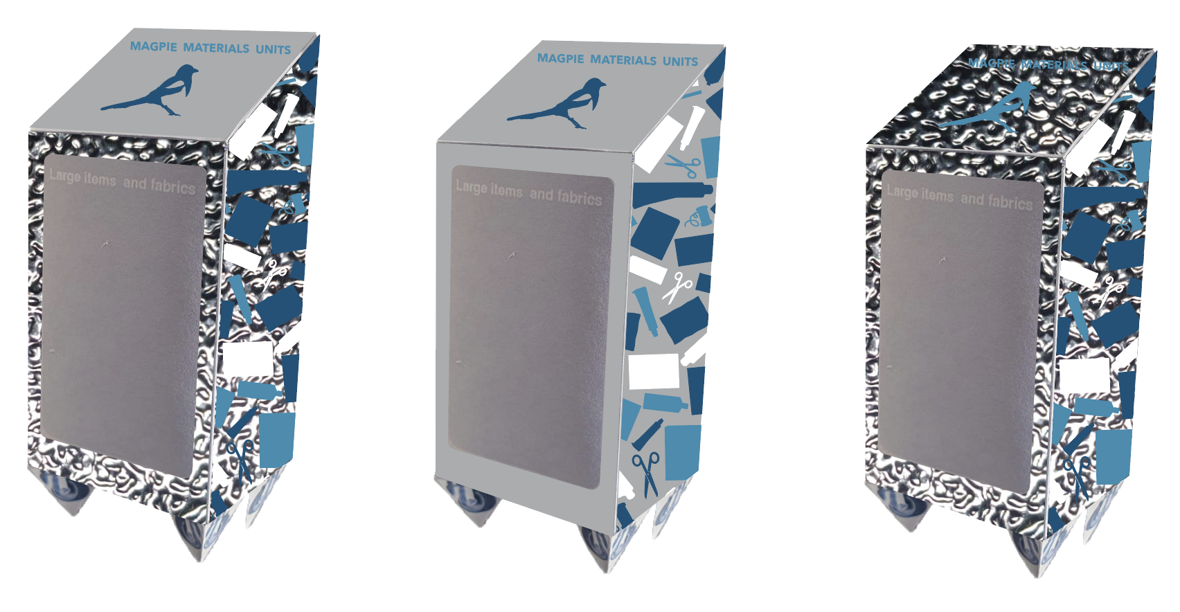 three mockups of the exterior of the units each with a different style and covered in reflective material