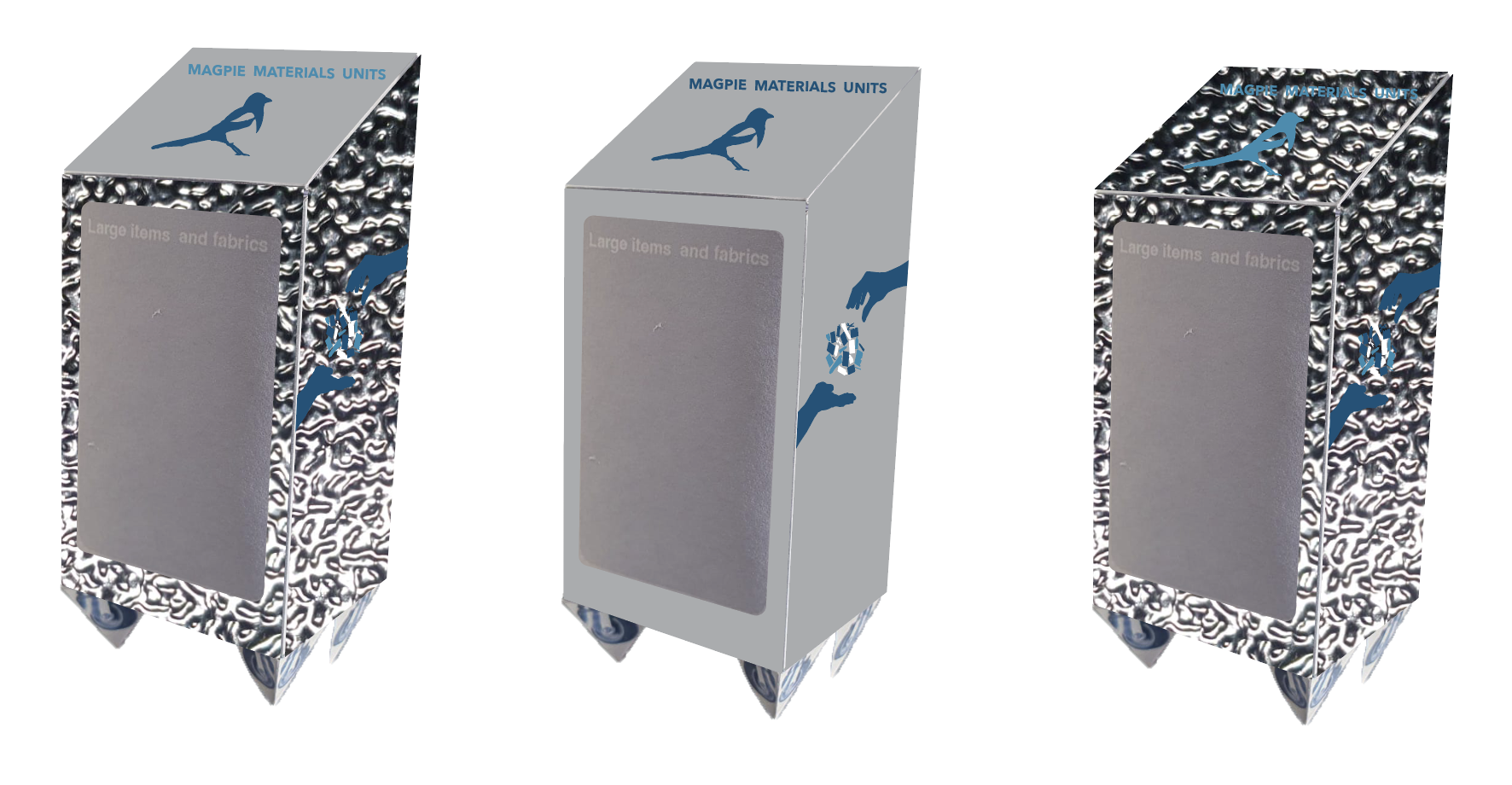 three mockups of the exterior of the units each with a different style and covered in reflective material
