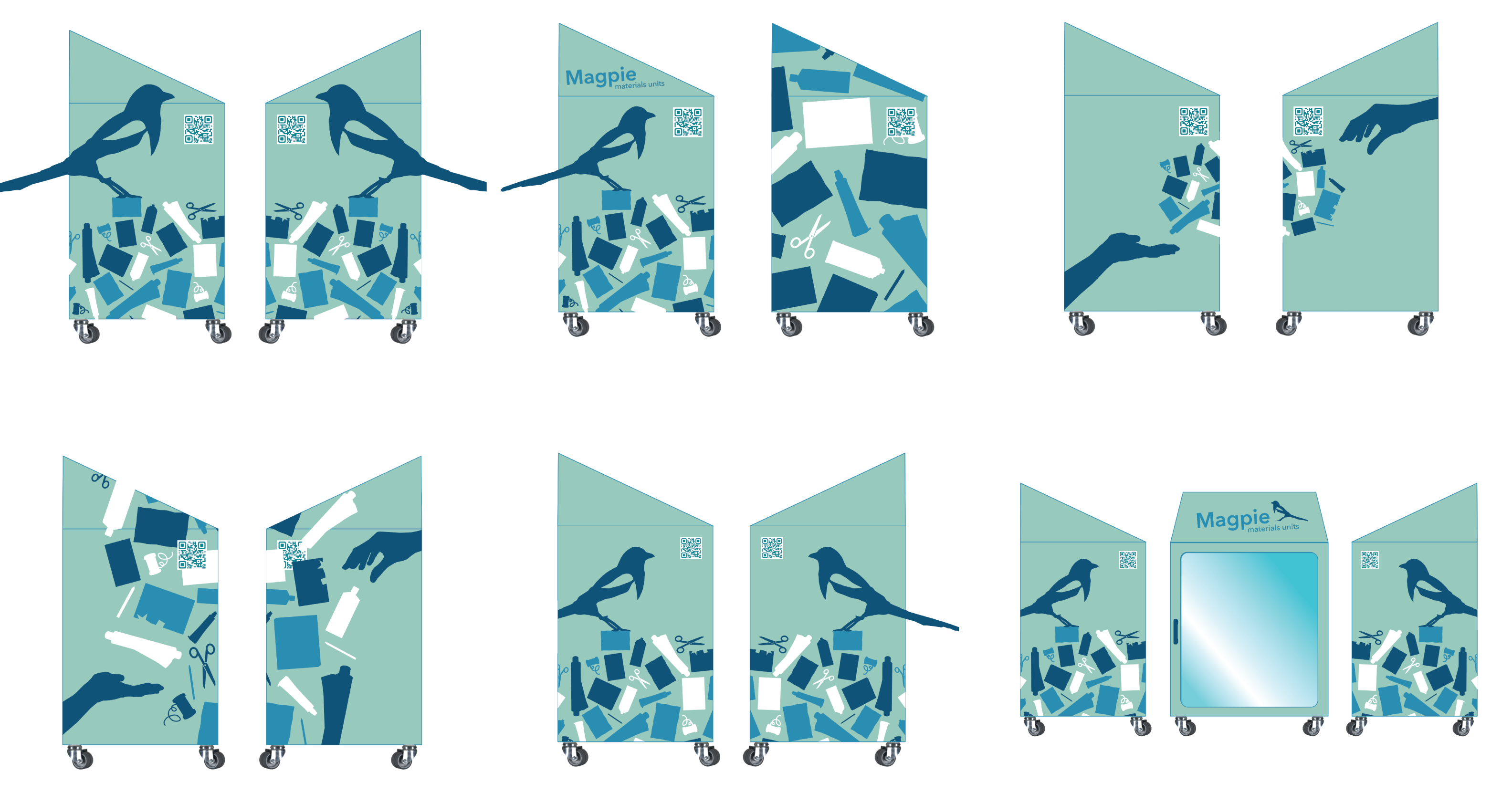 flat plan designs of the sides of the units covered with different designs very similar to the previous poster designs with a green/teal background
