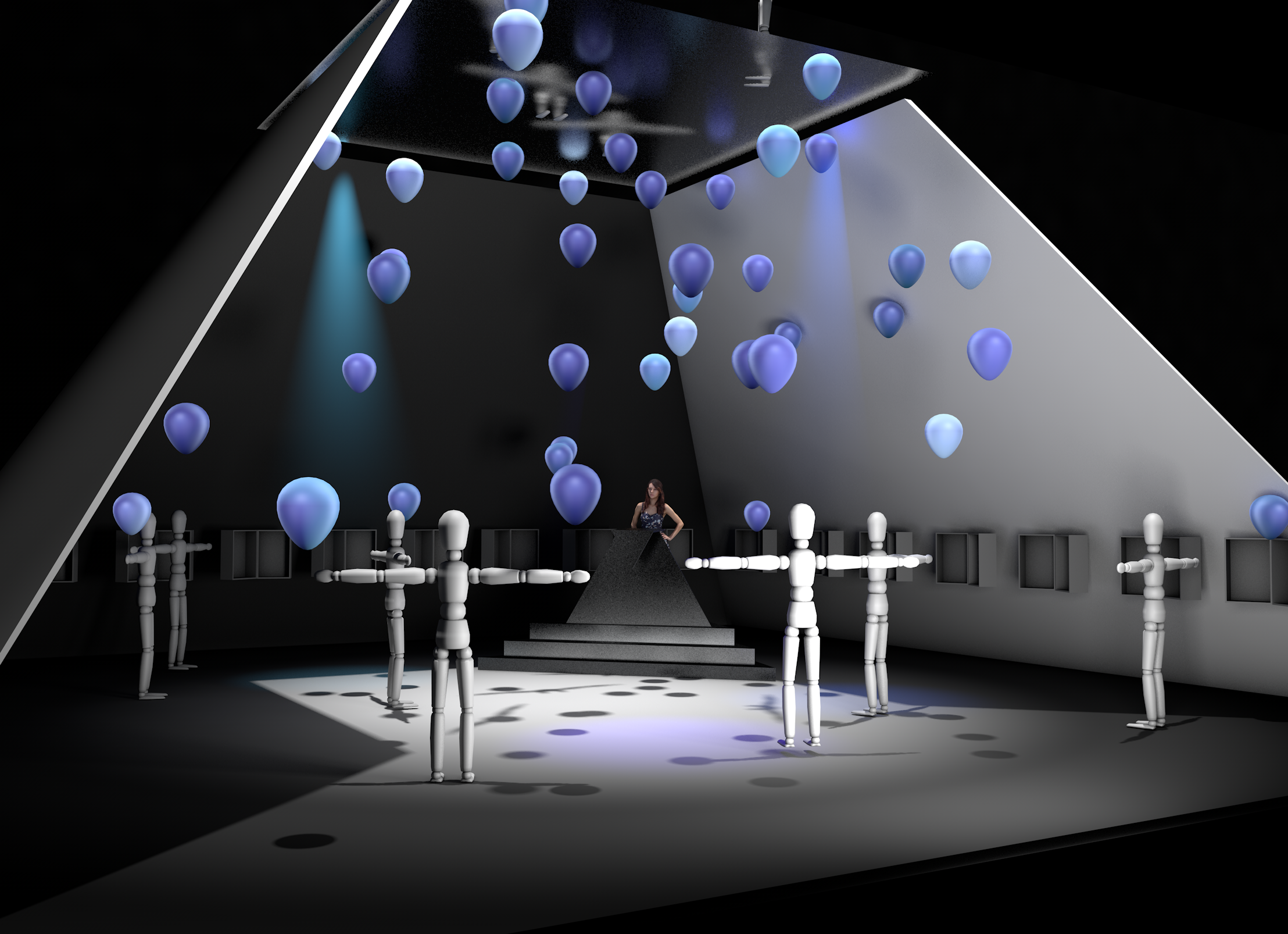 Cinema 4D renders showing the beginning of the event when the baloons float at different levels during the talk