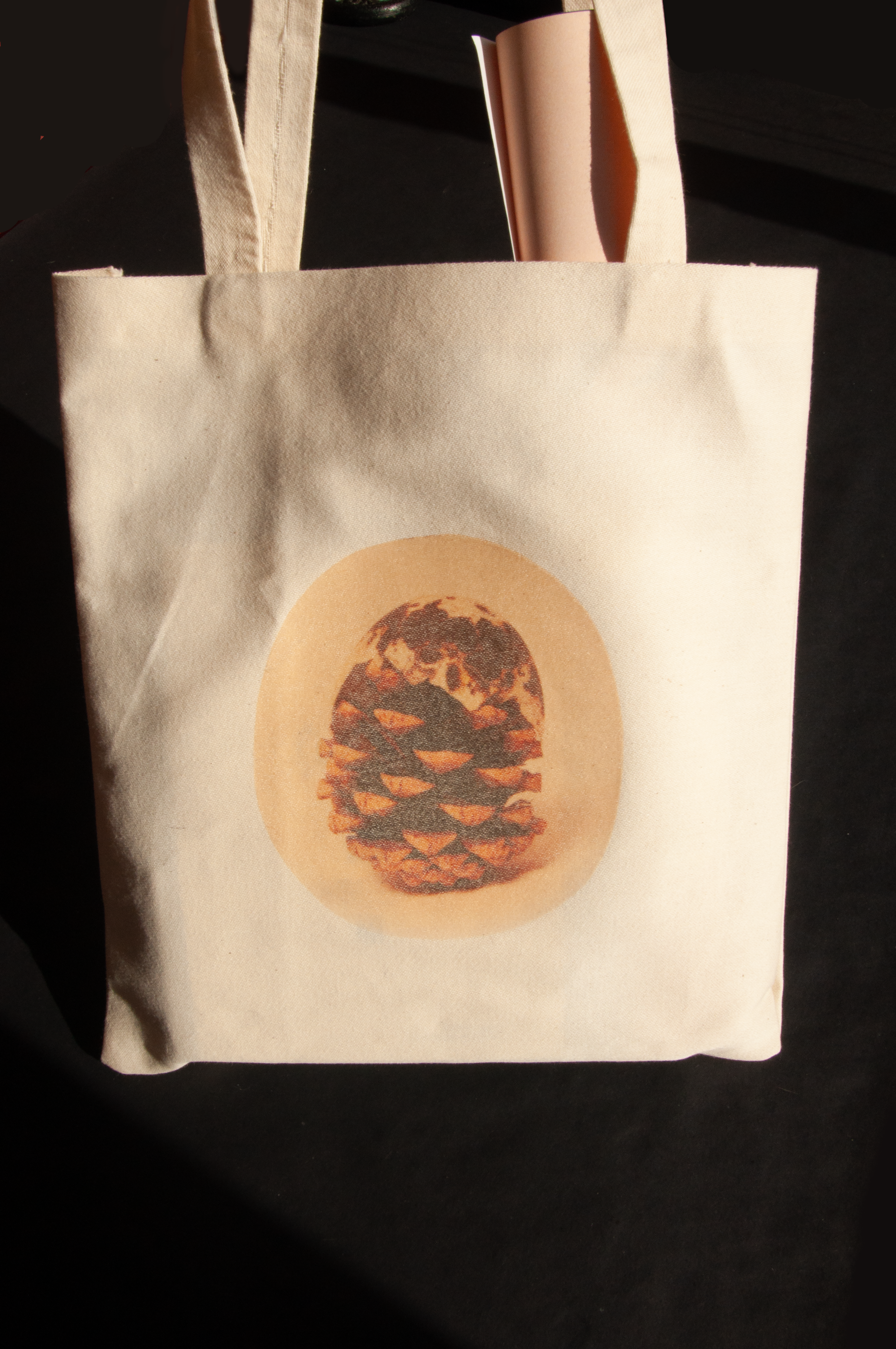 photograph of the cream, linen gift bag featuring a photograph of the pinecone with the half eggshell on top