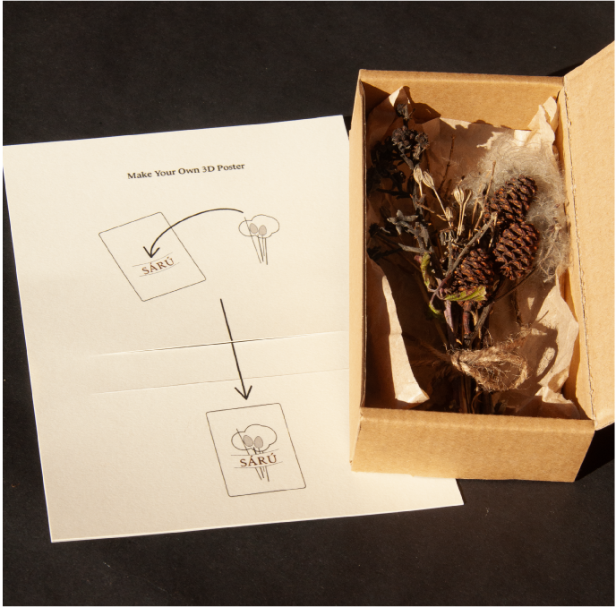 photograph of back of card with instructions to assemble the 3D poster and a dried posy inside the box