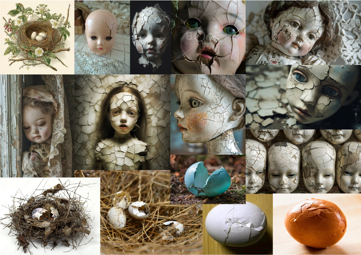 collection of internet images showing cracked porcelain dolls faces and cracked egg shells