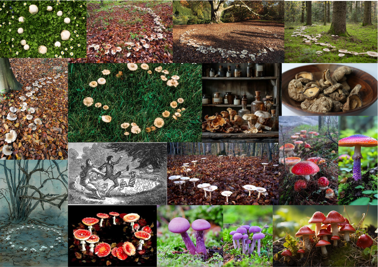collection of internet images showing photos of mushroom fairy rings