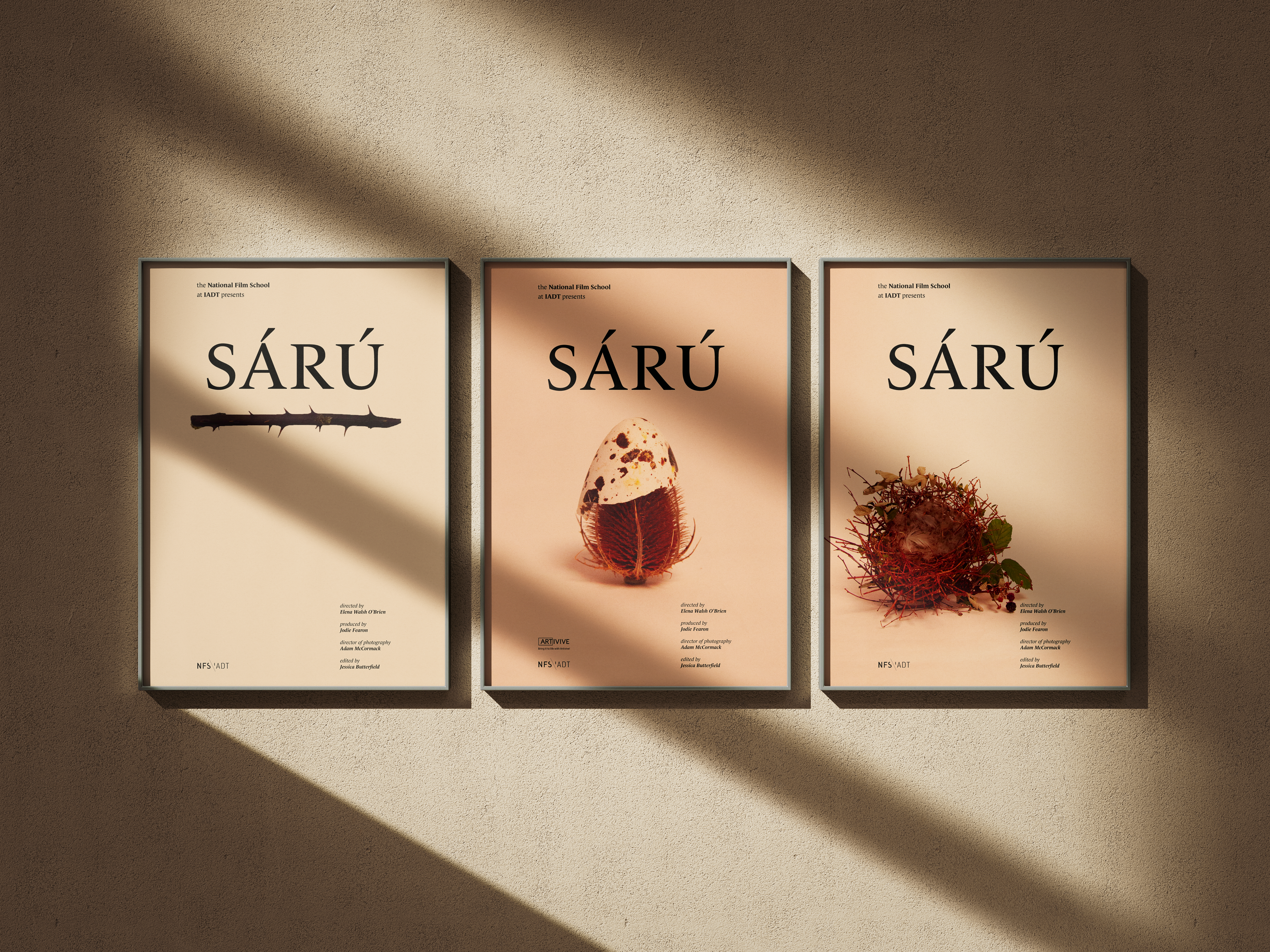three portrait orientated, Sárú posters framed and displayed horizontally on a wall